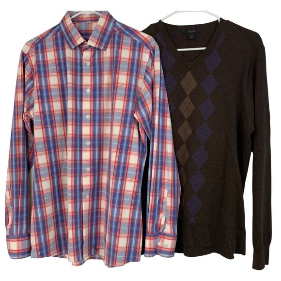Lot Of Two Mens Medium Plaid Button-Up Shirt & Argyle Sweater 8878 - Picture 1 of 15